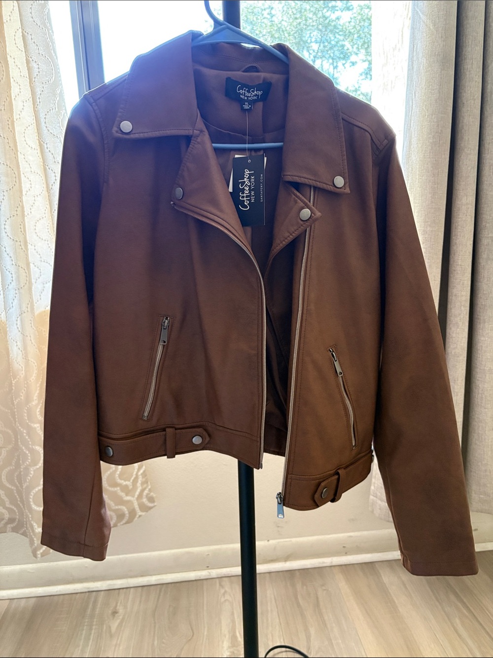 CoffeeShop Chocolate Brown Faux Leather Moto Jacket for Women